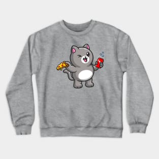 Cute Fat Cat Holding Pizza and Soda Cartoon Crewneck Sweatshirt